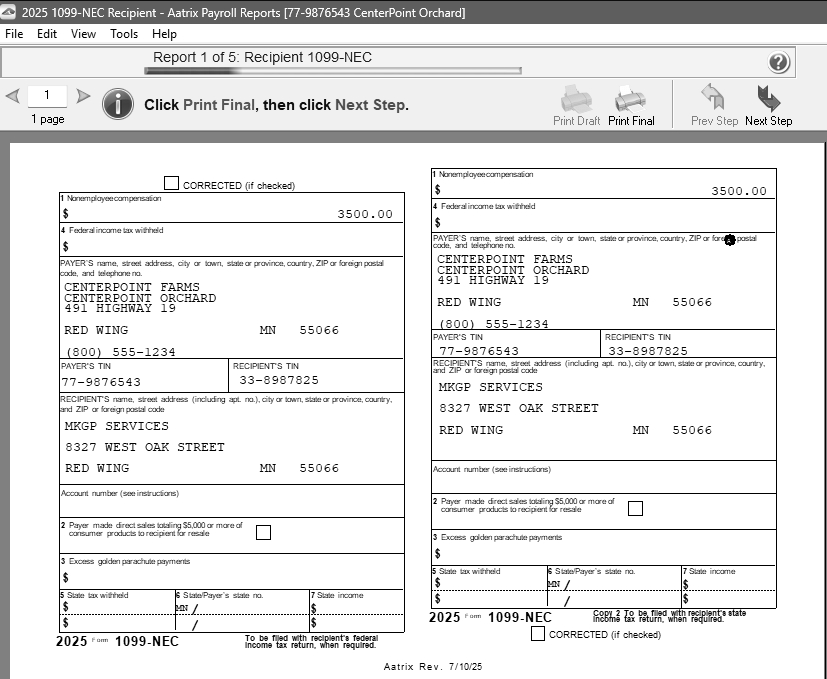 CenterPoint Payroll - 1099 Forms - Prepare and Print and/or eFile
